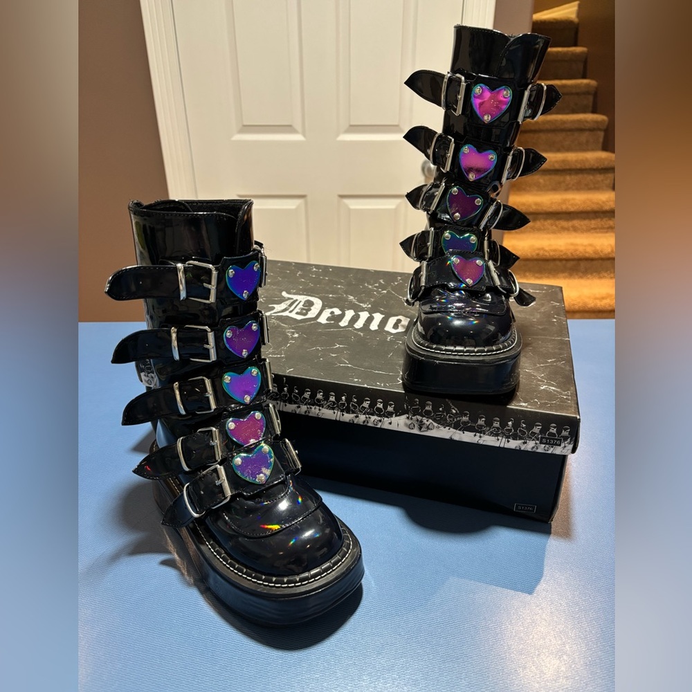 Demonia Emily 330 Boots with Colorful Heart Buckles